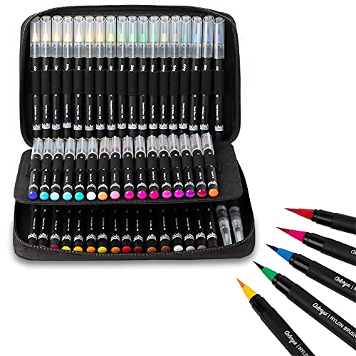 Colorya Watercolor Brush Pens - 50 Real Nylon Tip Art Pens & 2 Water Tank Brushes - Watercolor Pens for Adult Coloring Books, Watercolor Painting, Cal