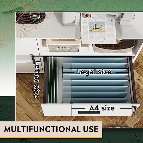 DEVAISE File Cabinet with Charging Station, 1 Drawer Rolling File Cabinet, Locking Filing Cabinet for Home Office, Printer Stand with Storage, White DEVAISE