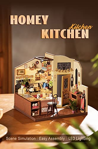 Rowood Miniature House Kit,Dollhouse Crafts for Adults,DIY Tiny Home Model Kits for Adults to Build with LED,Birthday for Teens(Homey Kitchen)