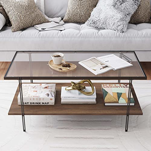 Nathan James Asher Mid-Century Rectangle Coffee Table Glass Top and Wood Finish Storage Shelf with Metal Legs, Walnut/Black