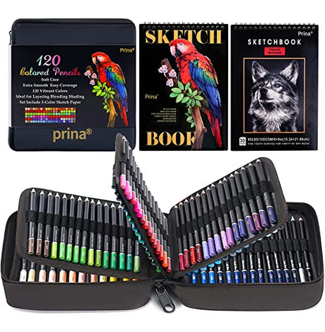 PRINA Art Supplies 120-Color Colored Pencils Set for Adults Coloring Books with Sketchbook, Professional Vibrant Artists Drawing Sketching Blending PRINA