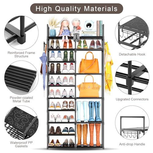 Kottwca 2 Row 10 Tier Tall Shoe Rack Organizer for Closet Entryway, 40-45 Pair Shoe Boot Storage Rack, Metal Shoe Shelf Small Vertical Stackable Shoe Kottwca