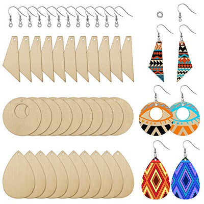 60 Pieces Unfinished Wooden Earrings Pendants Blank Teardrop and Tapered Cutout Pendants with 60 Pieces Earring Hooks and 60 Pieces Jump Rings for