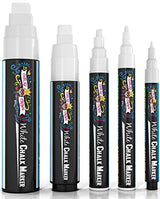 CHALKY CROWN 5pc White Chalk Markers - Non-Toxic Liquid Chalkboard Markers, White Liquid Chalk Marker for Windows, Glass - 1, 3, 6, 10, 15mm Tips CHALKY CROWN