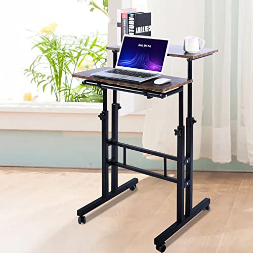 AIZ Double Adjustable Computer Desk Home Office Workstation with Rolling Wheels, Portable Laptop Table for Standing or Sitting, Adults or AIZ