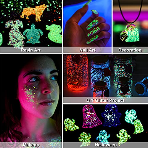 Glow in The Dark Glitter, LET'S RESIN 12 Colors Luminous Chunky Glitter, 0.42oz/Bottle High Luminance Glitter, Chunky Glitter for Resin, Nail, Skin, - WoodArtSupply