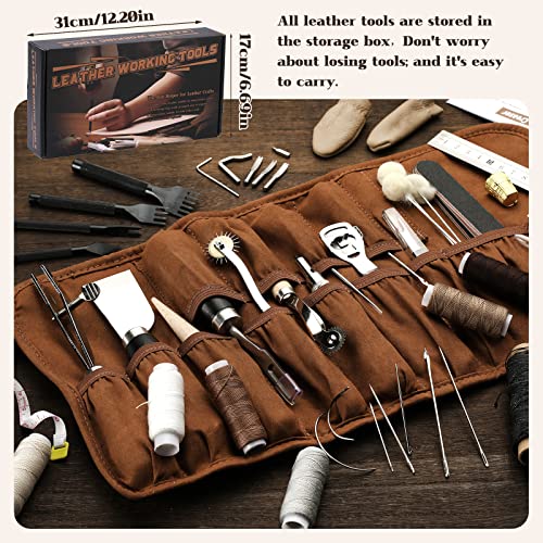 BUTUZE Leather Kit, Leather Tooling Kit, Practical Leather Working Tools with Leather Beveler, Groover, Stitching Punch Sewing Thread and Needles - BUTUZE