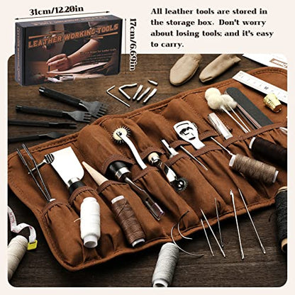 BUTUZE Leather Kit, Leather Tooling Kit, Practical Leather Working Tools with Leather Beveler, Groover, Stitching Punch Sewing Thread and Needles - - WoodArtSupply