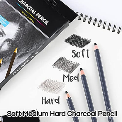 Dyvicl Professional Charcoal Pencils Drawing Set - 12 Pieces Soft, Medium & Hard Charcoal Pencils for Drawing, Sketching, Shading, Artist Pencils for - WoodArtSupply