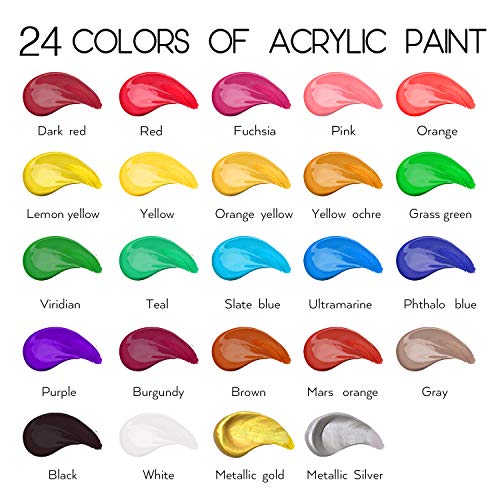 Acrylic Paint Set 36 PCS of 24 Colors 2fl oz 60ml Bottles with 12 Brushes,Non Toxic 24 Colors Acrylic Paint No Fading Rich Pigment for Kids Adults HissiCo