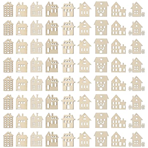 Toddmomy Craft Wood Pieces 100pcs Wooden House Shaped Embellishments Hanging Ornaments, Unfinished Wooden Houses Cutouts Ornaments for Painting,