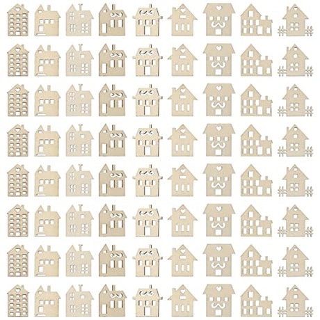 Toddmomy Craft Wood Pieces 100pcs Wooden House Shaped Embellishments Hanging Ornaments, Unfinished Wooden Houses Cutouts Ornaments for Painting, Toddmomy