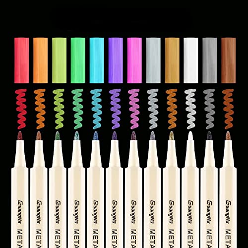 Guangna Metallic Marker Pens,12 Assorted Colors Fine Tip Metallic Marker Painting Pens for Scrapbook DIY Photo Album,Rock Painting, Glass, Cardstock, - WoodArtSupply