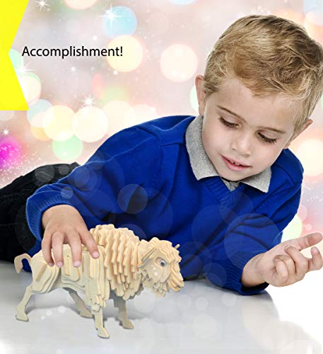Puzzled 3D Puzzle Buffalo Wood Craft Construction Model Kit, Fun & Educational DIY Bison Wooden Animal Toy Assemble Model Unfinished Crafting Hobby Puzzled