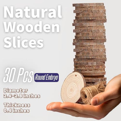 Coasters Wood Slices Burning Kit :Unfinished Natural Crafts with Bark 30 Pcs 2.4-2.8 inch Hemp Rope Suspension Hole Kids DIY Arts Christmas Ornament Rustic Wedding Decorations