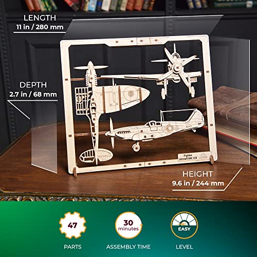 UGEARS 2.5D Framed Fighter Aircraft - Classic Aircraft Wood Model Kit with Movable Aileron, Propeller, Wheel & Canopy - Airplane Wooden Puzzle Model UGEARS