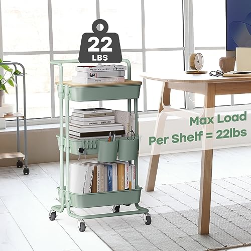 DTK 3 Tier Rolling Utility Cart with Cover Board, Lockable Wheels, and Storage Baskets in Green DTK