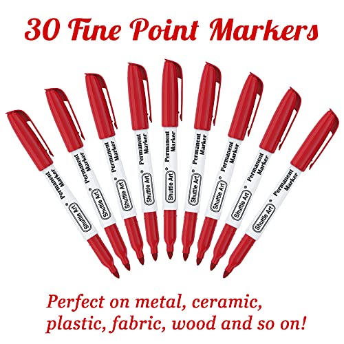 Shuttle Art Permanent Markers, 30 Pack Red Permanent Marker set,Fine Point, Works on Plastic,Wood,Stone,Metal and Glass for Doodling, Marking… Shuttle Art
