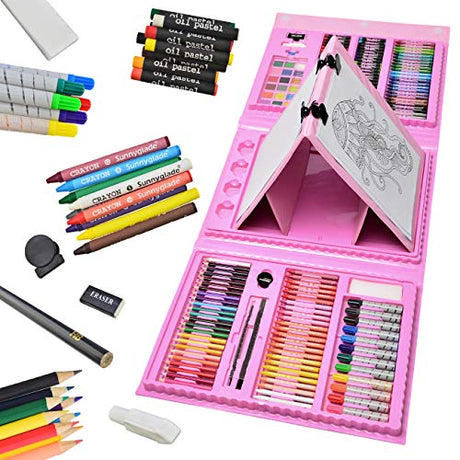 Sunnyglade 185 Pieces Double Sided Trifold Easel Art Set, Drawing Art Box with Oil Pastels, Crayons, Colored Pencils, Markers, Paint Brush, Sunnyglade