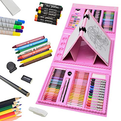Sunnyglade 185 Pieces Double Sided Trifold Easel Art Set, Drawing Art Box with Oil Pastels, Crayons, Colored Pencils, Markers, Paint Brush,
