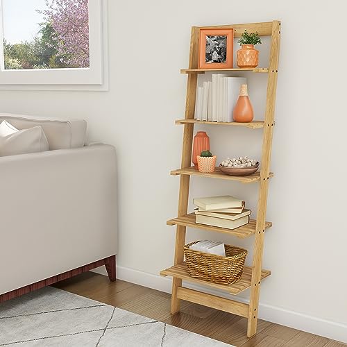 5-Tier Ladder Shelf - Wooden Narrow Leaning Bookshelf for Bedroom, Living Room, Bathroom, Kitchen, or Office Shelving - Furniture by Lavish Home Lavish Home