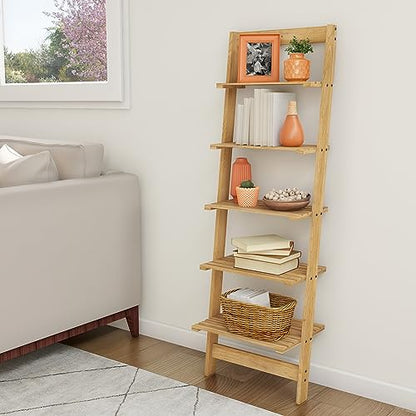 5-Tier Ladder Shelf - Wooden Narrow Leaning Bookshelf for Bedroom, Living Room, Bathroom, Kitchen, or Office Shelving - Furniture by Lavish Home - WoodArtSupply