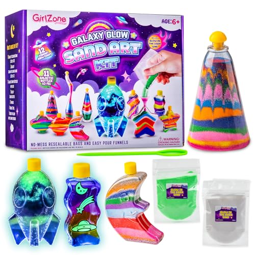 GirlZone Galaxy Glow Sand Art Kit, Sand Art for Kids Kit with Colored Sand & Kids Sand Art Bottles to Make Ultimate Sand Art, Fun Christmas Gifts for GirlZone