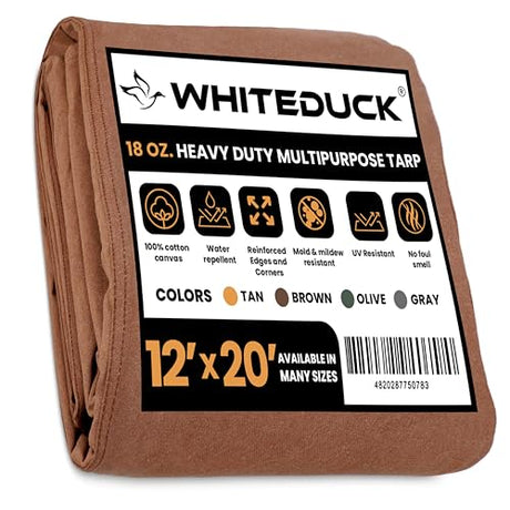 WHITEDUCK 12'x20' Canvas Tarp 18 oz/37 Mil Heavy Duty Waterproof UV Resistant, Rustproof Grommets, Industrial & Commercial Use Cloth Tarp (Finished WHITEDUCK
