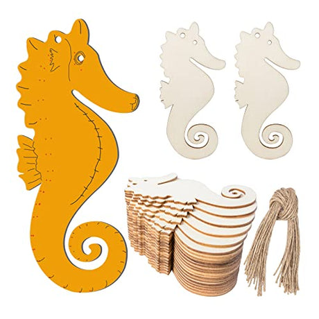 Unfinished Seahorse Shape Wood Tag Hanging Wood Cutout Blank Wood Slices Wooden Gift Tags with Twine for Beach & Nautical Decor Christmas Holiday Zontween