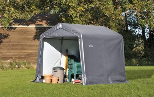 ShelterLogic 8' x 8' Shed-in-a-Box All Season Steel Metal Frame Peak Roof Outdoor Storage Shed with Waterproof Cover and Heavy Duty Reusable Auger ShelterLogic