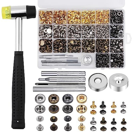 Yizzvb 320 Pcs Leather Rivets Kit, 60 Pcs Leather Snap Fasteners, 2 Size Leather Rivets Double Cap Rivet Kit, Double-Sided Nylon Hammer, 5 Pcs Yizzvb