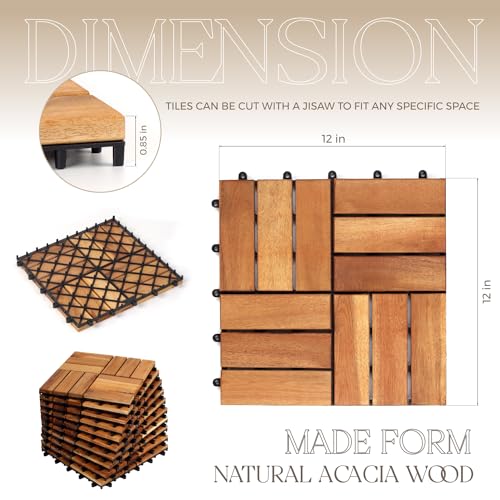 TimberWave Pack of 20 Deck Tiles, Solid Acacia Wood Floor Tiles, Patio Tiles Outdoor Interlocking Waterproof All Weather (12"x12" - 12 Slat, Golden TimberWave