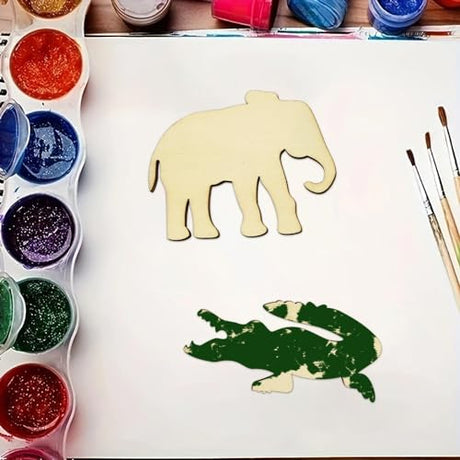 30 Pack Unfinished Wood Animal Cutouts Jungle Animal Crafts Wood Elephant, Rhino, Lion, Hippo, Crocodile, Turtle Cutouts to Paint Wooden Safari Xonzmmk