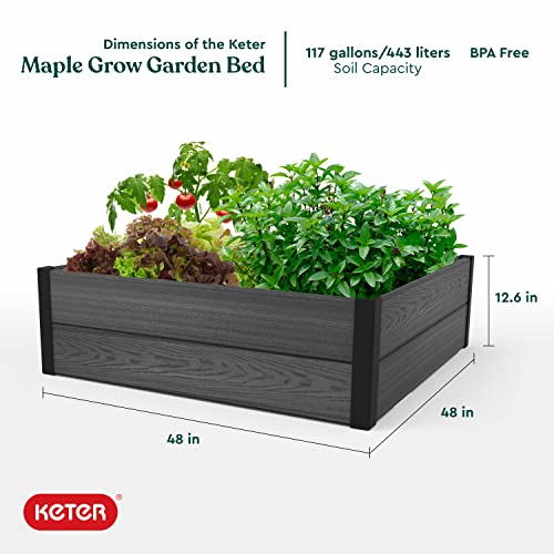 Keter 48" X 48" inches Wood Look Raised Garden Bed, Durable Outdoor Planter for Vegetables, Flowers, Herbs, and Succulents, Grey