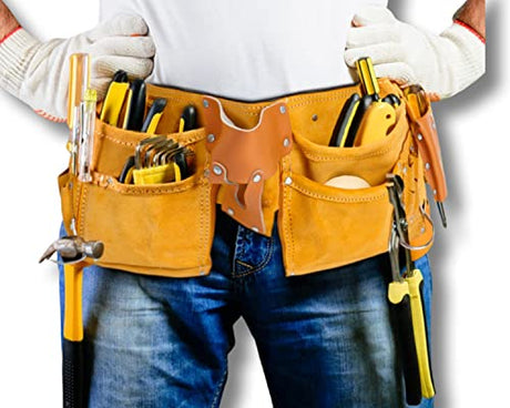 Virtionz 11 POCKET LEATHER TOOL BELT for Carpenter, Construction Pouch, Framers, Handyman, Electrician, Brown color, belts adjusts from 33'' up to VIRTIONZ MWIRE