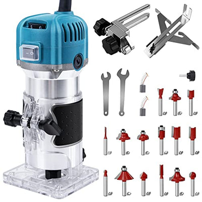 800W Compact Wood Router Tool, Handheld Palm Routers for Woodworking with 6 Variable Speed,Electric Trimmer Wood Router with 15pcs Router Bits,Wood