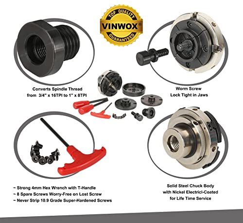 VINWOX SCR4-4NV-SET 4” Wood Lathe Scroll Chuck Set, 4-Jaw Self-Centering Chuck Set, with Nickle electric Coating Chuck Body & 1"x8TPI thread & - WoodArtSupply