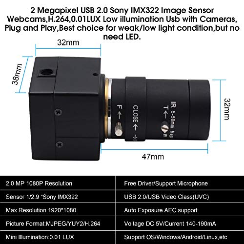 ELP 5-50mm Varifocal Lens 1080P USB Camera with H.264 High Definition Sony IMX323 Webcam for Android Linux Windows Industrial Video ELP