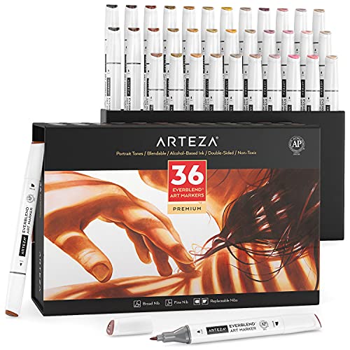 Arteza Art Alcohol Markers, Set of 36 Colors, EverBlend Portrait and Skin Tone Dual Tip Markers with Organizer Box, Medium Chisel and Fine Nib - WoodArtSupply