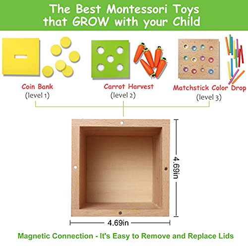 nanayo 4-for-1 Play Kit Includes Object Permanence Box, Montessori Coin Carrot Harvest Game, Matchstick Color Drop Game – Toys for Babies 6-12 nanayo