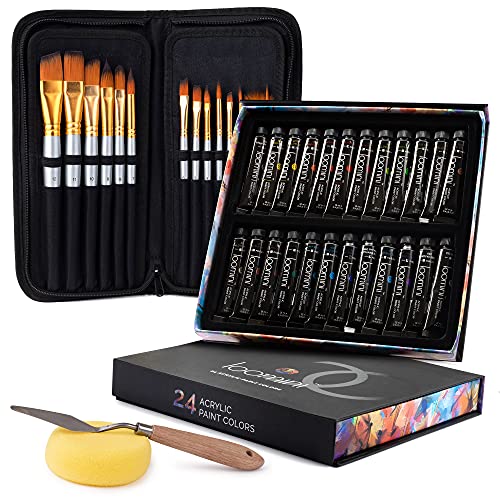 Acrylic Paint Brushes Set of 15, with Paint Set Included with 24 Acrylic Paints LOOMINI