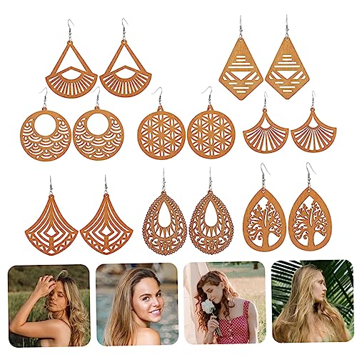 NOLITOY 8 Pairs Wooden Geometric Earrings Boho Earrings Dangle Earrings African Drop Earrings Bohemian Earrings Hollow Wooden Earrings Bohemian Drop NOLITOY