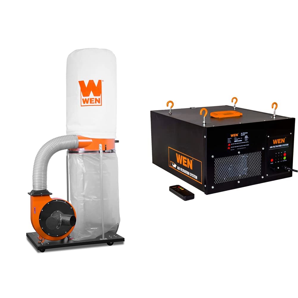 WEN DC1300 1,300 CFM 14-Amp 5-Micron Woodworking Dust Collector with 50-Gallon Collection Bag and Mobile Base, Black & 3410 3-Speed Remote-Controlled WEN