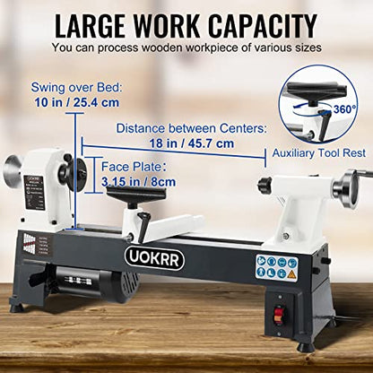 UOKRR Benchtop Wood Lathe 10" x 18" Wood Lathe Machine 5 Variable Speeds 500/750/1150/1800/3200RPM Mini Wood Turning Lathe for Woodworking 1/2HP - WoodArtSupply