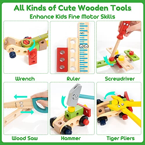 Bravmate Wooden Kids Tool Set - 37 Pcs Montessori Building Kit Toy with Tool Box, STEM Educational Toys for 2 3 4 5 6 Year Old Boys Girls Toddlers, Bravmate