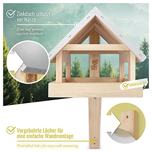 Wild Animal Heart XL Wooden Birdhouse with Weatherproof Metal Roof - Solid Wood Wall Bird Feeding House for Birds - Hanging Bird Feeding House wildtier herz