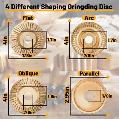 4PCS Angle Grinder Wood Carving Disc Set for 4" or 4 1/2" Attachment, Stump Tool Grinder Disc Wheel Attachments for Woodworking, Wood Shaping Carving