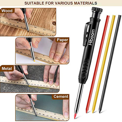 Hiboom 2 Pack Solid Carpenter Pencils with Pencil Cap and 18 Refills, Long Nose Deep Hole Mechanical Pencil Marker, Scribe Tool with Built-in - WoodArtSupply