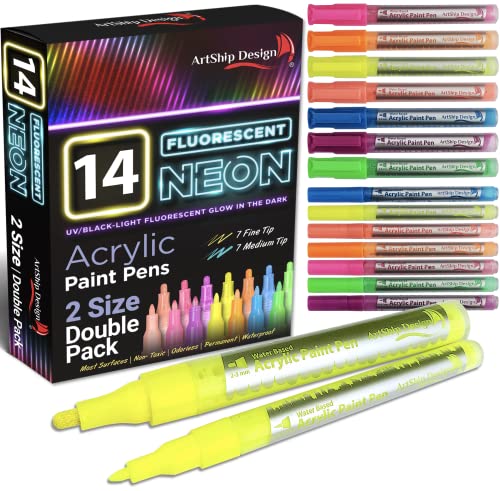 14 Pack Neon UV Fluorescent Acrylic Paint Pens, Double Pack of Both Extra Fine and Medium Tip Paint Markers, for Rock Painting, Mug, Ceramic, Glass, ArtShip Design