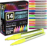 14 Pack Neon UV Fluorescent Acrylic Paint Pens, Double Pack of Both Extra Fine and Medium Tip Paint Markers, for Rock Painting, Mug, Ceramic, Glass, ArtShip Design